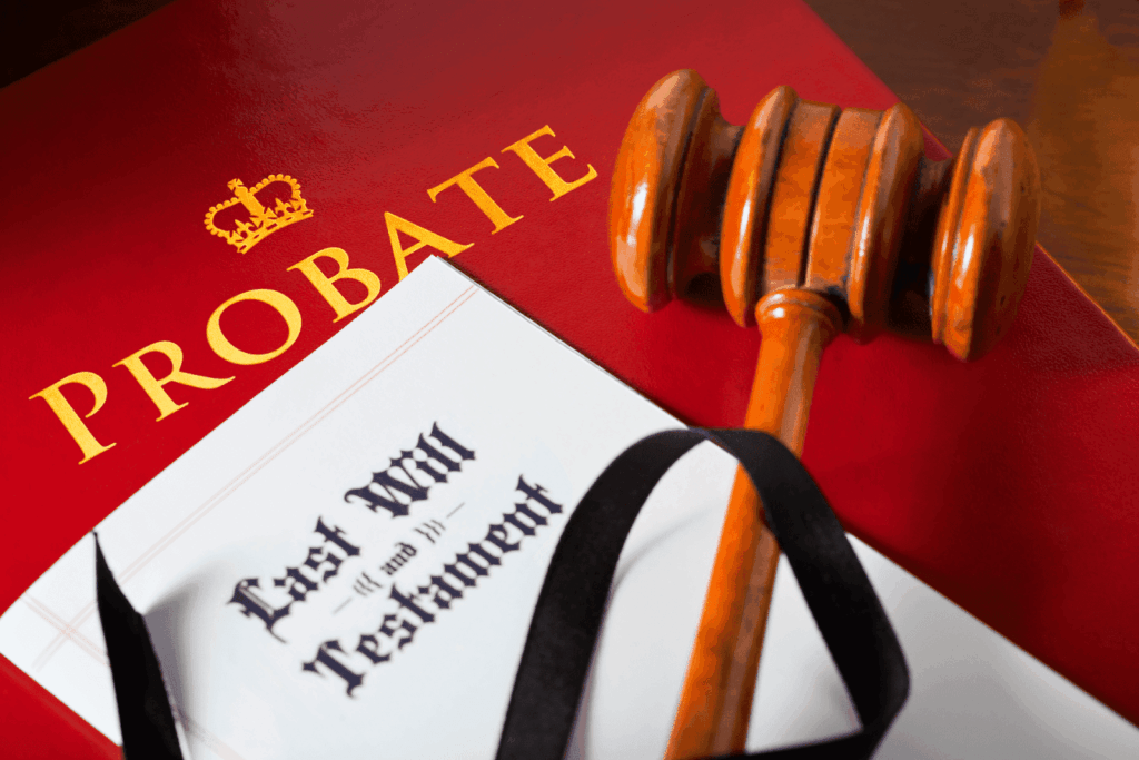 Gavel resting on a probate folder with a last will and testament document.