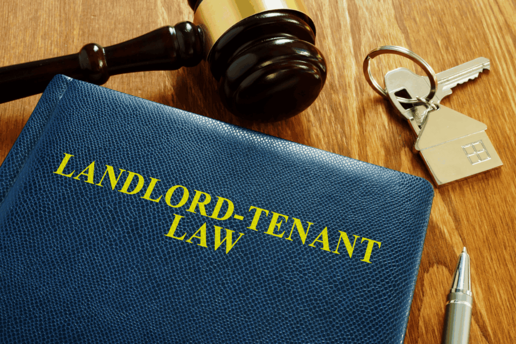 Gavel, house keys, and a book titled ‘Landlord-Tenant Law’ on a wooden table