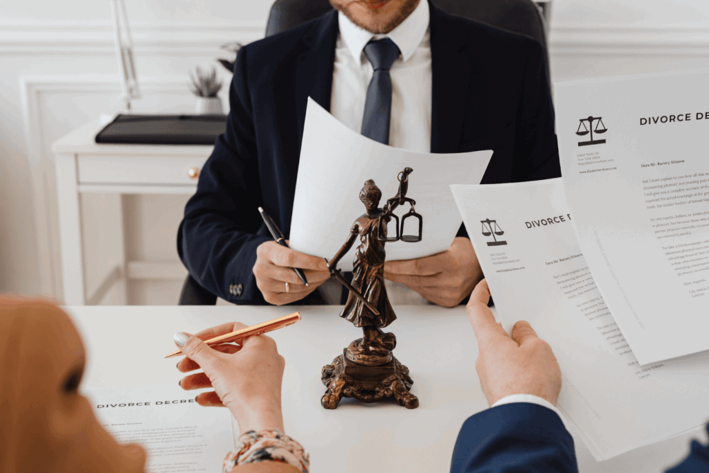 Divorce attorneys reviewing and signing divorce decree documents across a desk with a Lady Justice statue during a legal meeting.