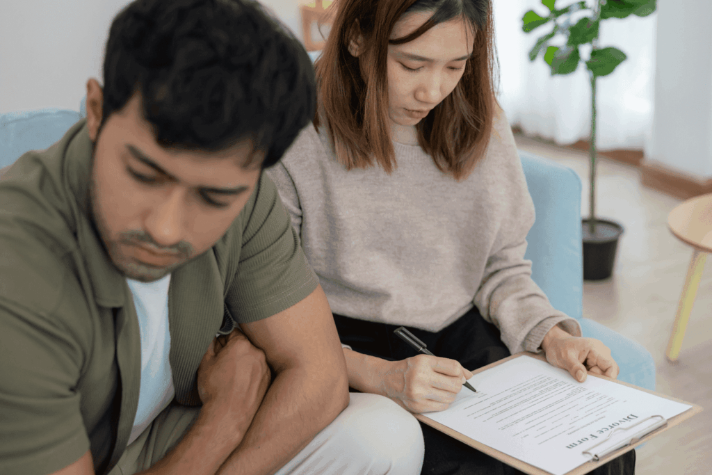 Woman signing divorce documents while a man sits beside her looking down.