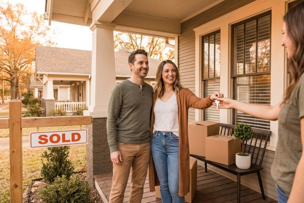 Happy couple receiving house keys on their porch with a "SOLD" sign and moving boxes.